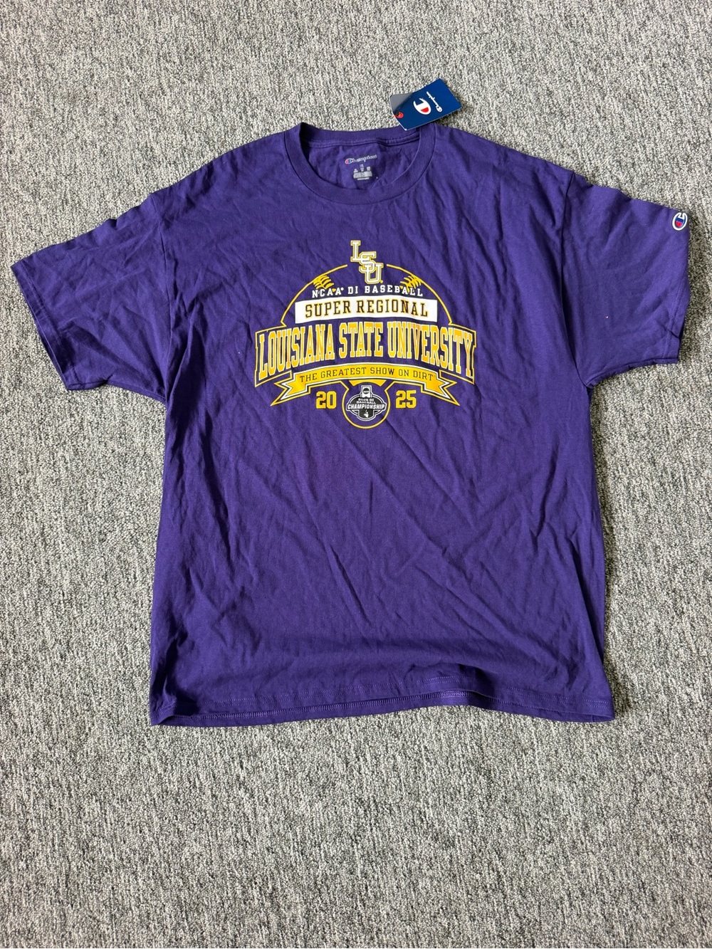 Champion Purple LSU Super Regional Graphic Tee with Yellow Print